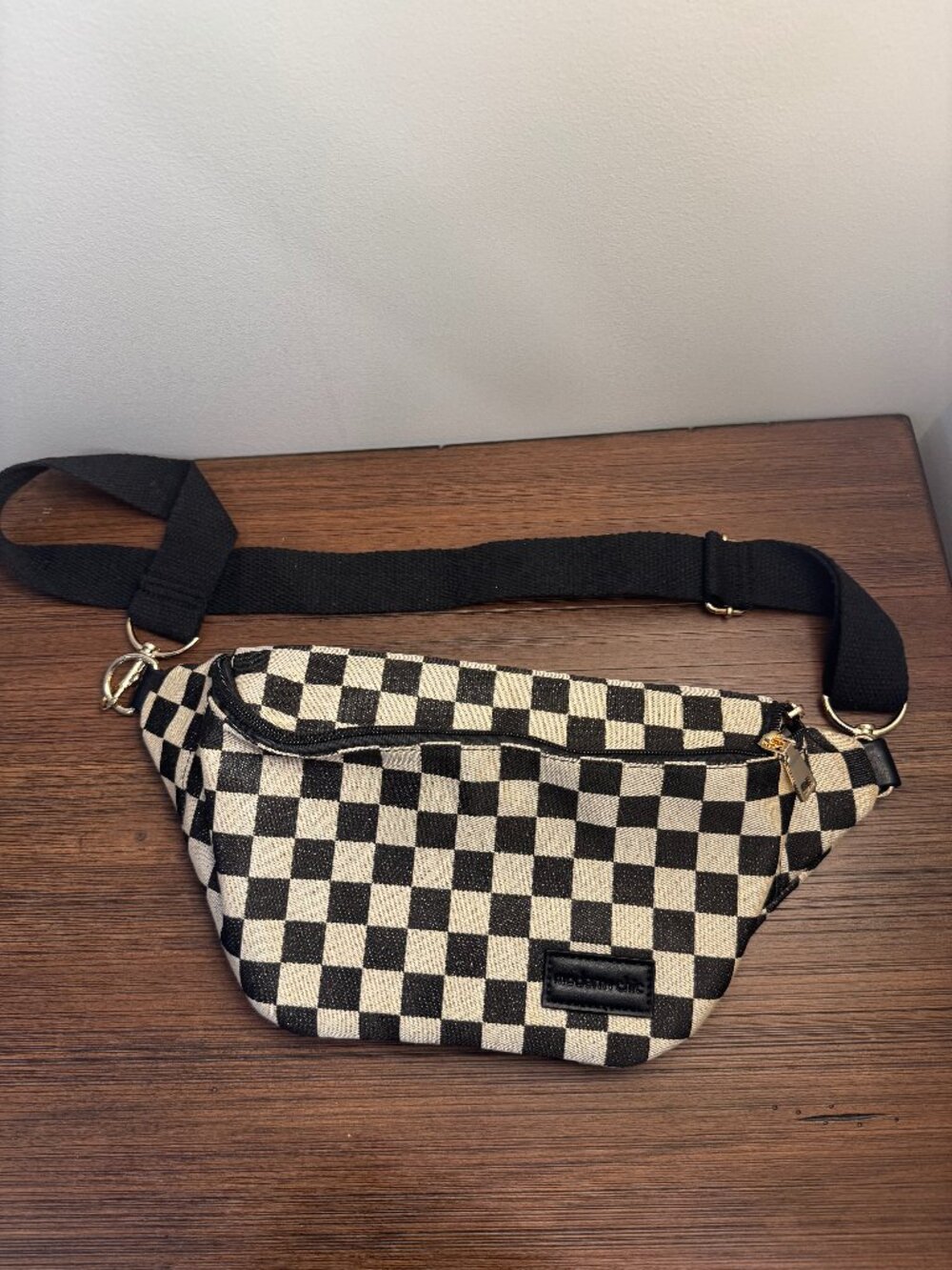 Modern + Chic Avril Oversized Belt Bag Black & Cream Checkered Canvas Crossbody